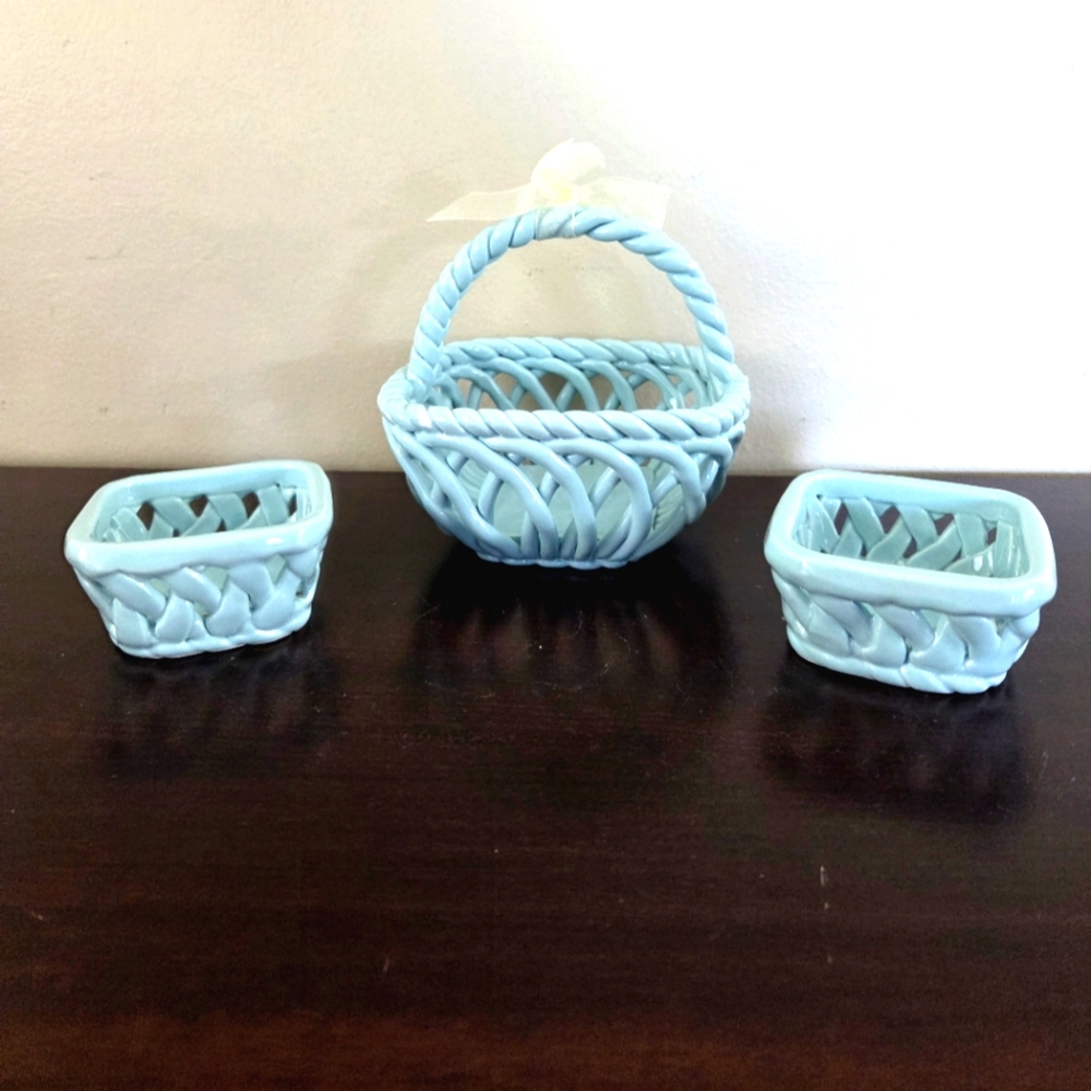 Grace Pantry Hand Woven Ceramic Basket with 2 Small Baskets Robins Egg Blue